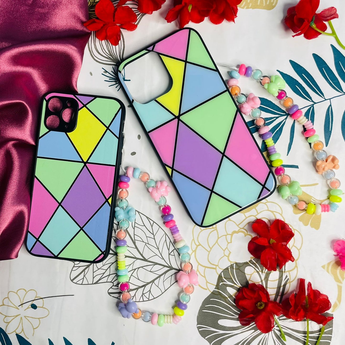 Colourful Geometric pattern glass phone case with charm