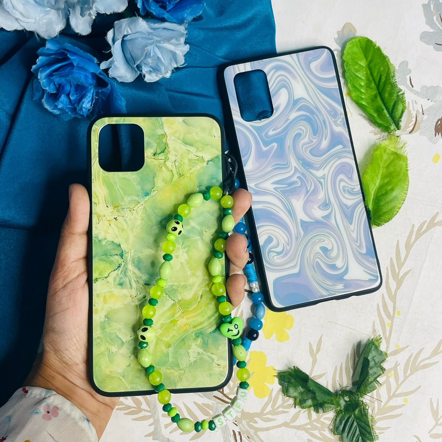 Ocean or Green Marble Glass case with Charm