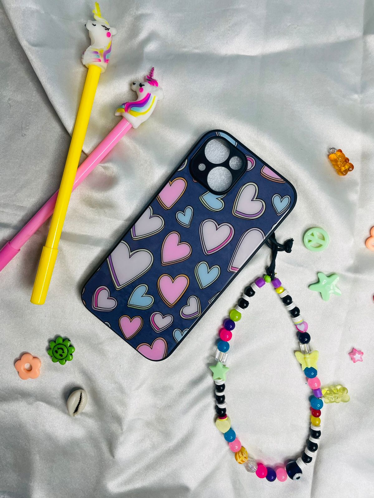 Colourful hearts glass phone case with charm