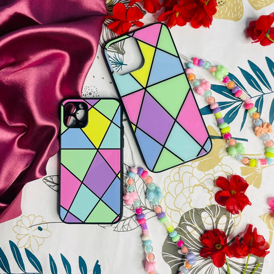 Colourful Geometric pattern glass phone case with charm