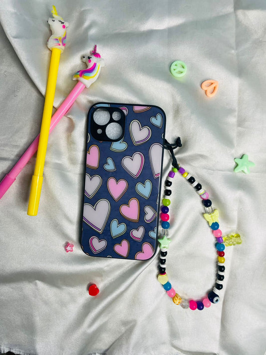 Colourful hearts glass phone case with charm